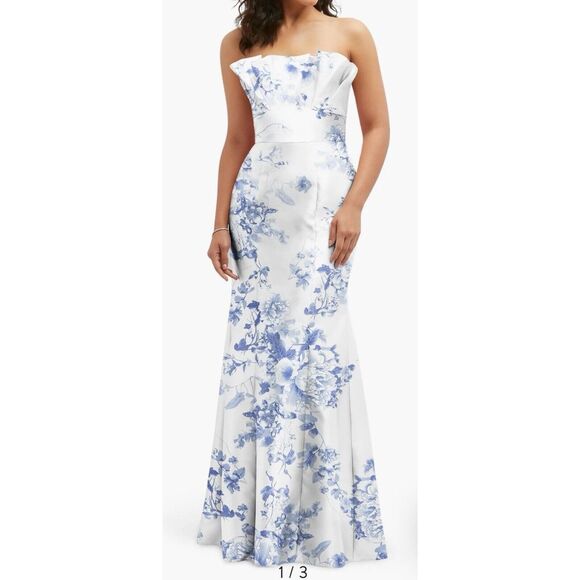 Alfred Sung Floral Ruffle Strapless Trumpet Gown Cottage Rose-Larkspur Print 0 - Picture 1 of 8